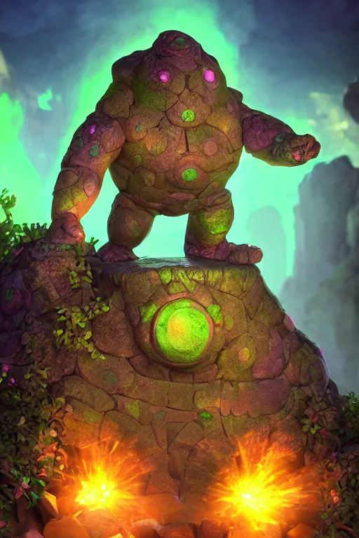 Image similar to arcane fantasy art giant golem elemental wood rock bastion forged gemstone enchanted forest troll, global illumination ray tracing hdr fanart arstation by sung choi and eric pfeiffer and gabriel garza and casper konefal lisa frank zbrush central hardmesh radiating a glowing aura