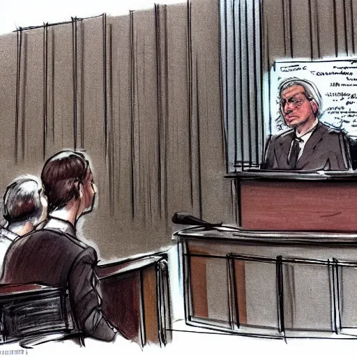 Image similar to A lawyer dog making an opening statement in court in front of the jury, highly detailed, courtroom sketch