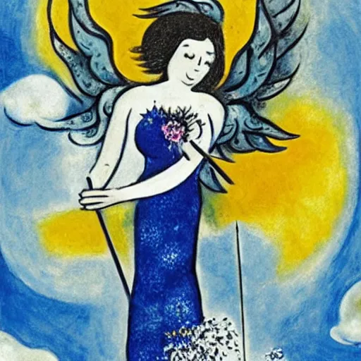 Image similar to The land art features a woman with wings made of stars, surrounded by a blue and white night sky. The woman is holding a staff in one hand, and a star in the other. She is wearing a billowing white dress, and her hair is blowing in the wind. cubic zirconia, Pokémon by Marc Chagall, by Wilfredo Lam monumental, threatening