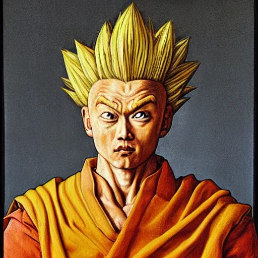 Image similar to portrait of a goku, painting by Jan van Eyck,