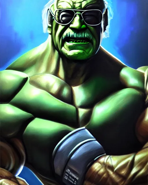 Image similar to hyperrealistic oil painting of cyberpunk mechanical hulk as stan lee, stan lee as a muscular hulk