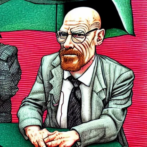 Prompt: The Artwork of R. Crumb and his Cheap Suit Breaking-Bad-Walter-White, pencil and colored marker artwork, trailer-trash lifestyle