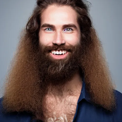 Image similar to caucasian face, long brown hair, bad skin, beard, skinny, blue eyes, smiling, ultrarealistic