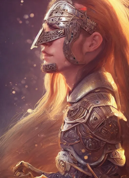 Prompt: portrait of cara delevinge as a legendary knight warrior, au naturel, hyper detailed, digital art, trending in artstation, cinematic lighting, studio quality, smooth render, unreal engine 5 rendered, octane rendered, art style by klimt and nixeu and ian sprigger and wlop and krenz cushart.