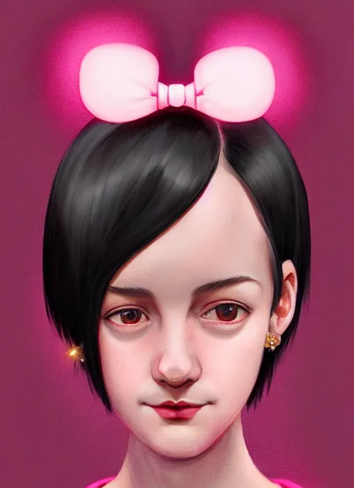 Image similar to portrait of high school girl, realistic, black hair, bangs, half updo hairstyle, pointy nose, skinny, smile, ugly, defined jawline, big chin, pink hair bow, earrings, intricate, elegant, glowing lights, highly detailed, digital painting, artstation, sharp focus, illustration, art by wlop, mars ravelo and greg rutkowski