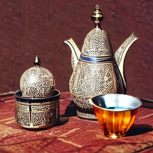 Image similar to Arabic calligraphy, Moroccan tea set, product design by pollock