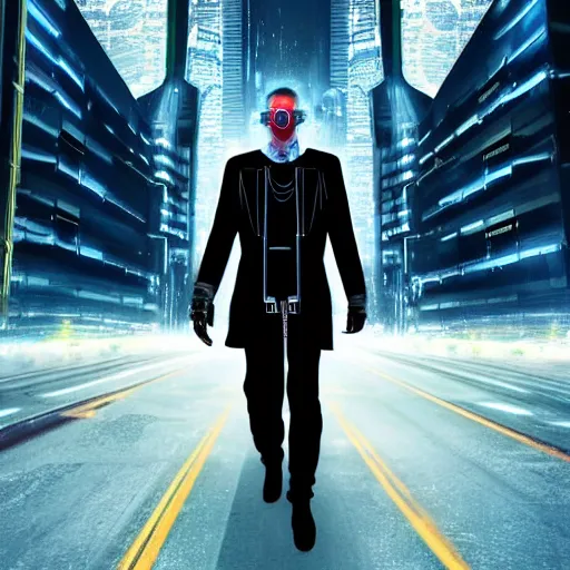 Prompt: a cyberpunk man in a velvet suit in standing in a futuristic city the year is 2052