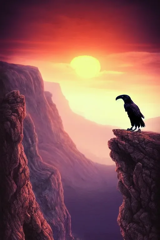 Image similar to elderly man falling off a cliff, tragic moment, 8 k, art by artgerm, award winning photo, sunset in background, ravens in the sky, highly - detailed