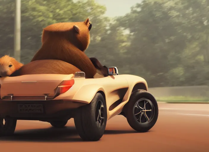 Prompt: capybara speeding in a convertible, trending on artstation, digital art, octane render, photorealistic