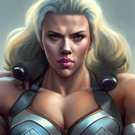 Image similar to detailed portrait of scarlett johansson as a female bodybuilder zarya from overwatch, attractive, beautiful, fantasy, intricate, elegant, highly detailed, digital painting, artstation, concept art, matte, sharp focus, illustration, art by aenaluck, artgerm and roberto ferri and greg rutkowski, epic fantasy, digital painting