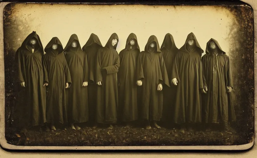 Image similar to a old daguerreotype photo of a group of cultists, wearing robes, with demonic goat face, wearing hoods, on a pilgrimage to hell, grainy, old photo, golden ratio, scary, horror photography, 5 0 mm lens, f 1. 8