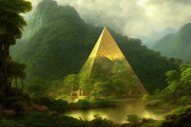 Prompt: a beautiful and highly detailed digital painting of a small smooth pyramid in the distance in an epic lush mountainous jungle, intricate details, epic scale, hyperdetailed, hyperrealism, artstation, cgsociety, 8 k, sharp focus, by caspar friedrich, albert bierstadt, james gurney,