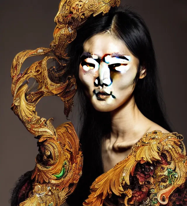 Image similar to face portrait of liu wen. great hair style, half in shadow, natural pose, natural lighing, rim lighting, wearing ornate stunning cloth created by iris van herpen, with a colorfull makeup, highly detailed, skin grain detail, photography by paolo roversi