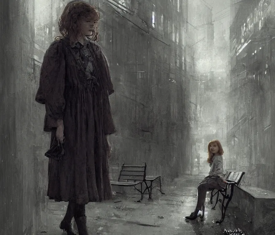 Image similar to sadie sink in oversized school uniform. waits on a bench | a bench along a wall. next to a door. in an office building. concept art for scifi dystopian film. by nikolay makovsky, bob byerley, wadim kashin, andrea kowch. cinematic moody atmosphere, detailed and intricate, perfect anatomy