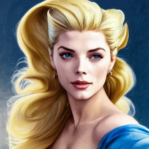 Prompt: A combination of Grace Kelly's and Katheryn Winnick's and Ashley Greene's faces with blue hair as She-Ra, western, D&D, fantasy, intricate, elegant, highly detailed, digital painting, artstation, concept art, matte, sharp focus, illustration, art by Artgerm and Greg Rutkowski and Alphonse Mucha