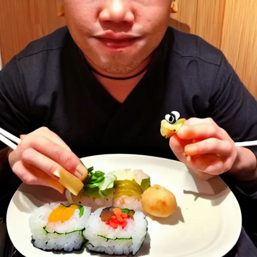 Image similar to Mr Potato Man eating sushi at a Japanese restaurant