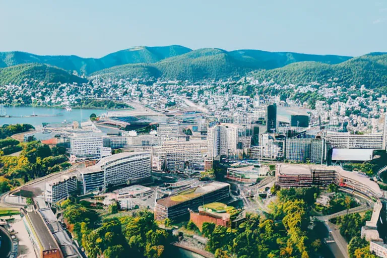 Image similar to bird's eye view photography of a small city. town hall, central farm, monorail station, beach and harbor. hills, woods and lake to the north.