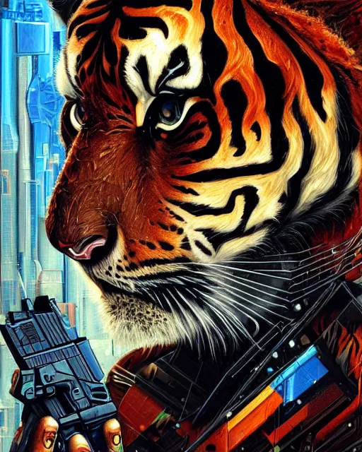 Image similar to a portrait of a muscular anthropomorphic cyberpunk tiger by sandra chevrier, by jon foster, detailed render, pistol in holster, tape deck, epic composition, cybernetics, 4 k realistic, cryengine, realistic shaded lighting, sharp focus, masterpiece, by enki bilal