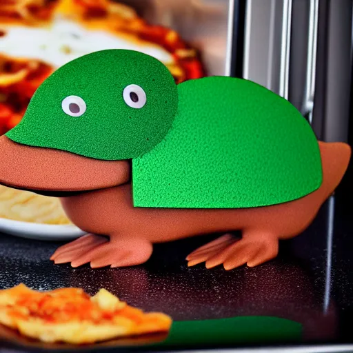 Image similar to cute platypus on a kitchen wearing a chef hat and holding a lasagna into an oven, logo style