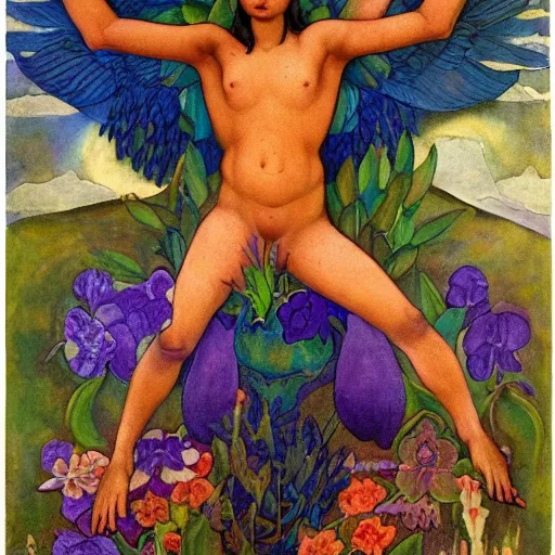 Image similar to the flower god, by Annie Swynnerton and Nicholas Roerich and Diego Rivera, bioluminescent skin, tattoos, wings made out of flowers, elaborate costume, geometric ornament, symbolist, cool colors like blue and green and violet, smooth, sharp focus, extremely detailed