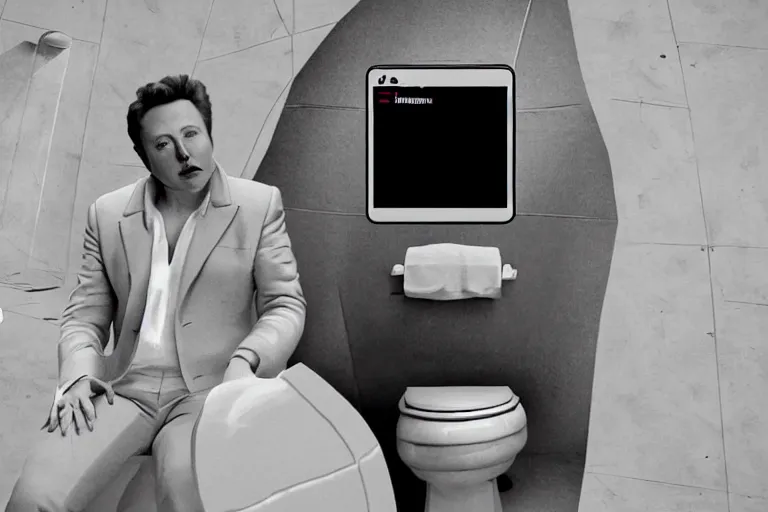 Image similar to hyperrealism aesthetic ridley scott and denis villeneuve style fashion photography of a detailed hyperrealism elon musk, siting on a detailed hyperrealism toilet and scrolling his detailed smartphone in hyperrealism scene from detailed art house movie in style of alejandro jodorowsky and wes anderson