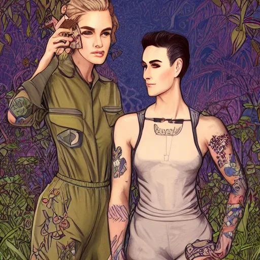 Image similar to short - haired tattooed heroic stoic handsome muscular blonde butch tomboy woman engineer in jumpsuit standing beside dark fae feathered modest gothic jennifer connelly, standing together in a beautiful lush garden at night, in love, highly detailed, trending on art station, mucha