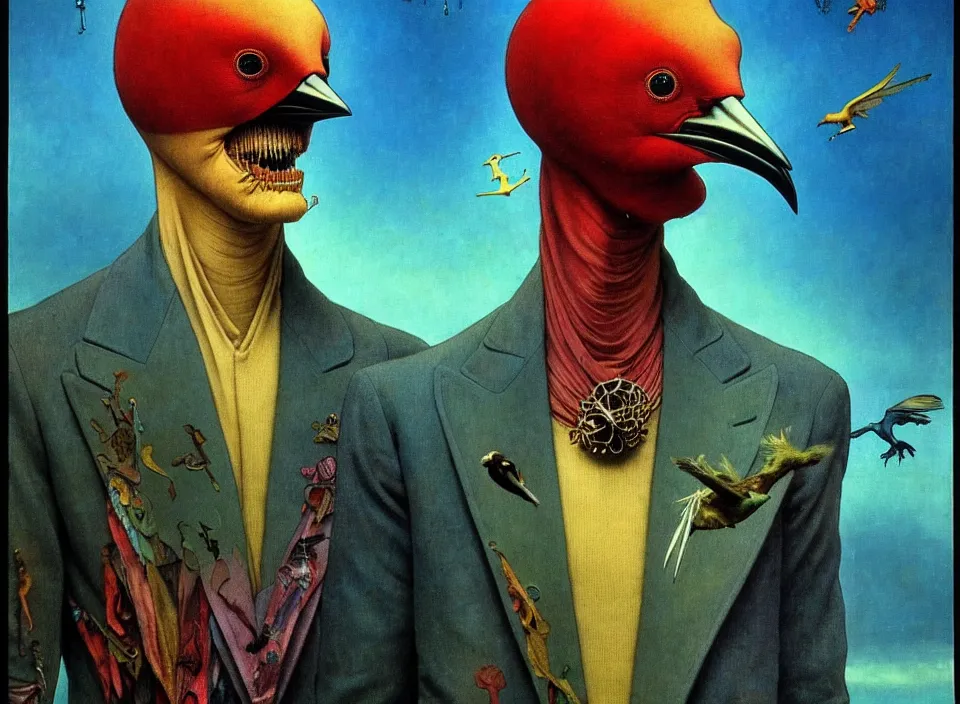 Image similar to realistic detailed portrait movie shot of a birdman wearing a dark blazer, sci fi landscape background by denis villeneuve, amano, yves tanguy, alphonse mucha, ernst haeckel, max ernst, roger dean, masterpiece, rich cold moody colours, dog teeth, blue eyes