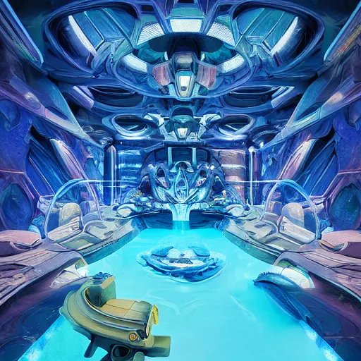 Prompt: Concept Digital Art Highly detailed Art Deco Cybertronian lazy river inside of the Palace of the Primes with glowing blue water at night by Stephen Hickman and Beeple. Very highly detailed 8K, Kodak Portra 400 in style of Hiromasa Ogura Ghost in the Shell, the golden ratio, rational painting