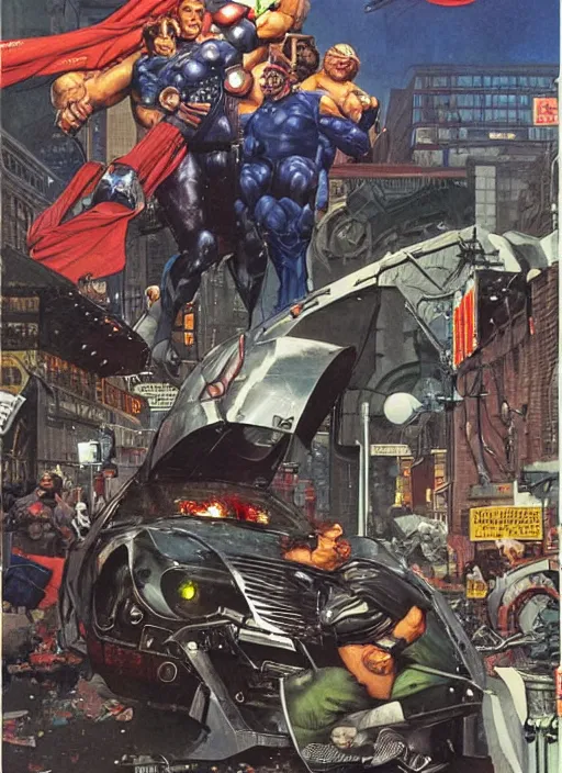 Prompt: huge cyclops in futuristic metal armour smashes up cars in new york street, by norman rockwell and jason fabok and tom lovell and frank schoonover and jack kirby and alex ross