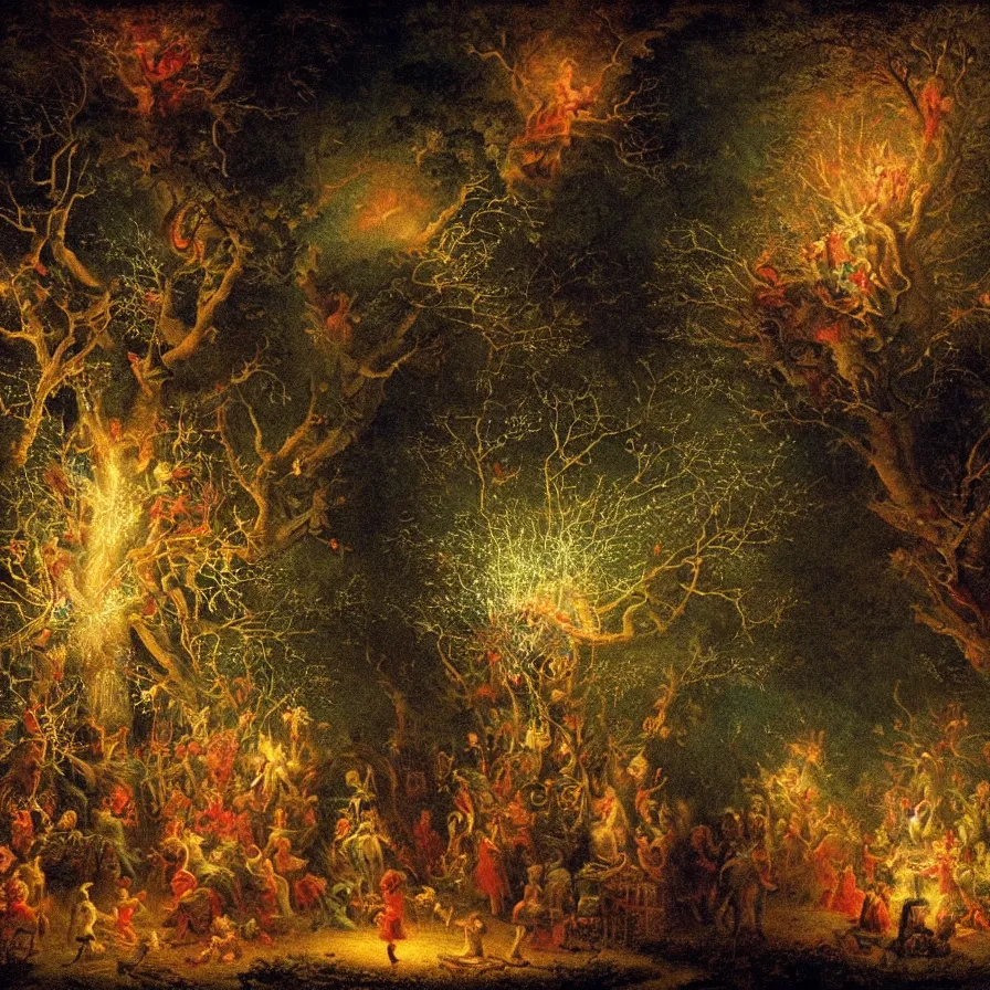Prompt: closeup of a night carnival inside a tree cavity in a magical forest in the middle of a summer storm, with a music scenario with many fireworks and christmas lights, volumetric lightning, instense god rays in the sky, folklore people disguised with fantastic creatures in a magical forest by summer night, masterpiece painted by fragonard, very coherent and colorful high contrast masterpiece,