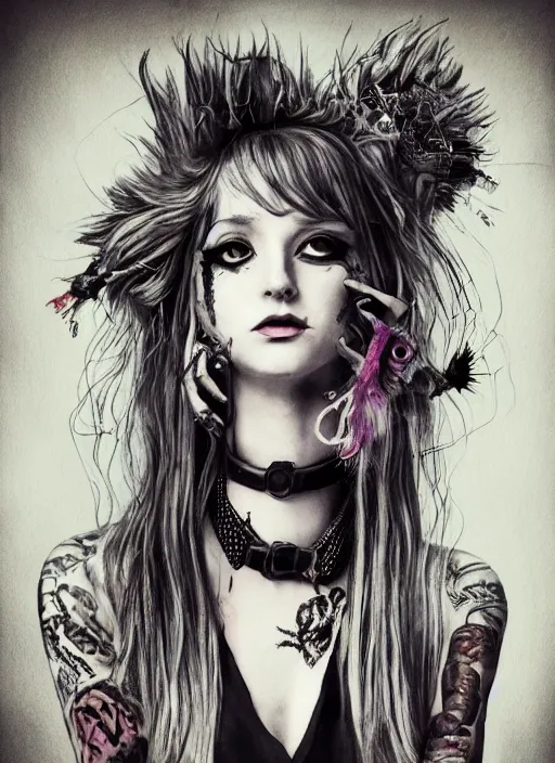 Image similar to portrait, Punk rock Alice in wonderland, caterpillar tattoo on her neck, septum piercing, fishnets, full body, torn skirt, watercolor, dramatic lighting, cinematic, establishing shot, extremely high detail, foto realistic, cinematic lighting, pen and ink, intricate line drawings, by Yoshitaka Amano, Ruan Jia, Kentaro Miura, Artgerm, post processed, concept art, artstation, matte painting, style by eddie mendoza, raphael lacoste, alex ross