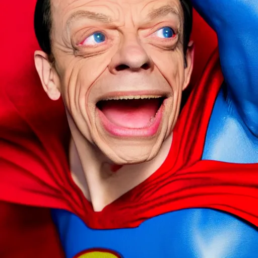 Image similar to don knotts as superman, detailed face, terrified look on his face, professional photography, cinematic, 8k,