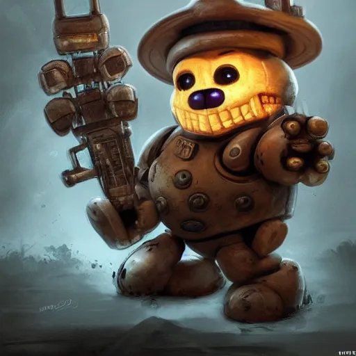 Image similar to cute little anthropomorphic Freddy (Five Nights at Freddy's) in Gears of War cover art, ultra wide lens shot , tiny, small, short, cute and adorable, pretty, beautiful, DnD character art portrait, matte fantasy painting, eerie, DeviantArt Artstation, by Jason Felix by Steve Argyle by Tyler Jacobson by Peter Mohrbacher, cinematic lighting