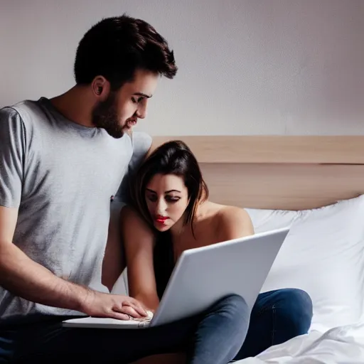 Image similar to man and woman in bed working on their laptops