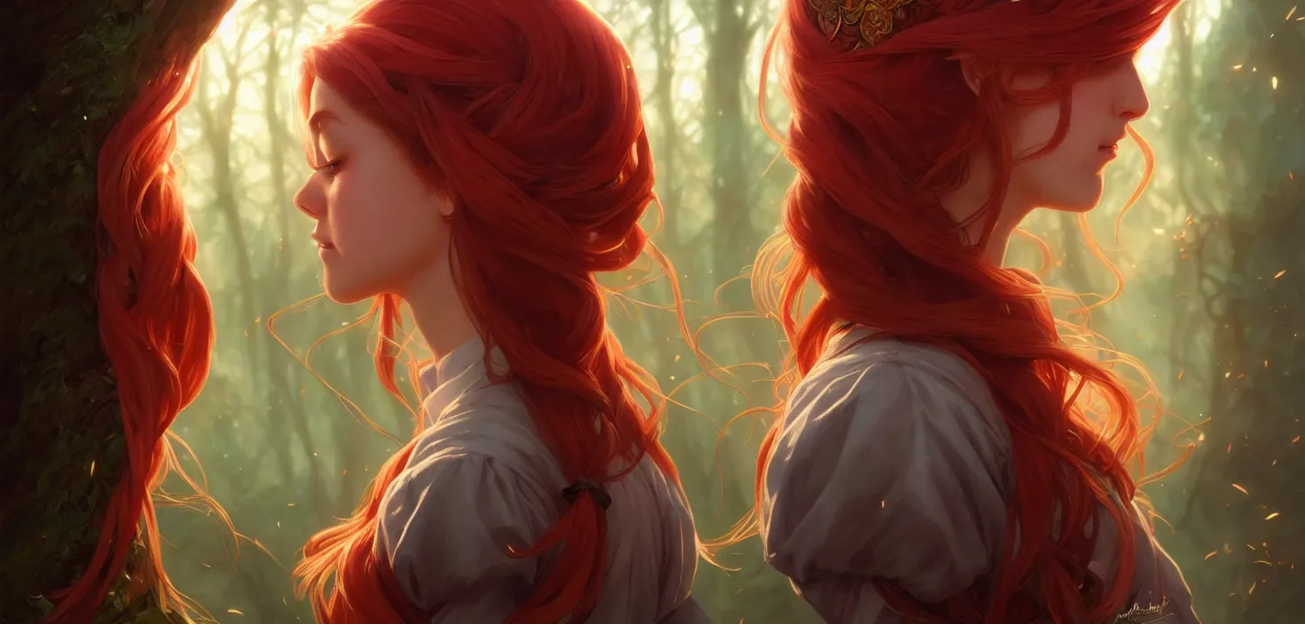 Image similar to side portrait cute female, magic school uniform, fantasy forest landscape, dnd fantasy magic, long red hair, cinematic rim light, intricate, elegant, highly detailed, digital painting, artstation, concept art, smooth, sharp focus, illustration, art by artgerm and greg rutkowski and alphonse mucha