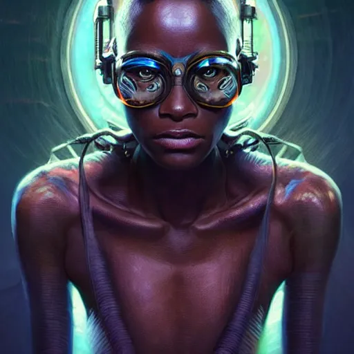 Image similar to african biopunk alchemist, science fiction, highly detailed, digital painting, beautiful eyes, symmetry, concept art, sharp focus, illustration, global illumination, radiant light, detailed and intricate environment, art by artgerm and greg rutkowski and magali villeneuve and ilya kuvshinov!