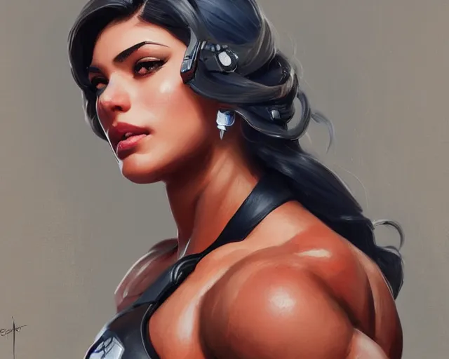 Image similar to portrait of ana amari from overwatch as a beautiful female bodybuilder amazon with plump lips, elegant, fantasy, hd shot, digital portrait, beautiful, artstation, comic style, by artgerm, guy denning, jakub rozalski, magali villeneuve and charlie bowater