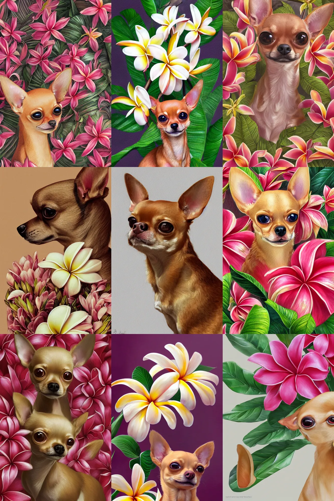 Prompt: ultra realistic illustration, portrait of a tan chihuahua plumeria tropical bouquet background, close up shot, fantasy, intricate, elegant, highly detailed, digital painting, artstation, concept art, smooth, sharp focus, illustration, surrealism