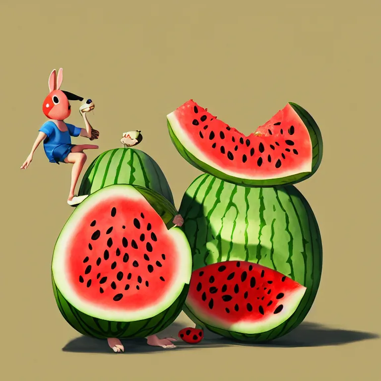 Image similar to Goro Fujita illustrating a rabbit eating a giant watermelon, art by Goro Fujita, sharp focus, highly detailed, ArtStation