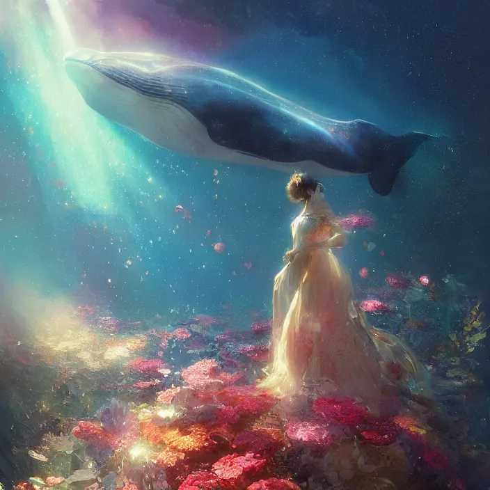 Image similar to glimmering whale, flowing dress, flowers, cosmos, milky way galaxy, golden hour, god rays, coral reef, dreamscape by artgerm and ruan jia and ismail inceoglu and greg olsen, masterpiece, beautiful, intricate, elegant, highly detailed