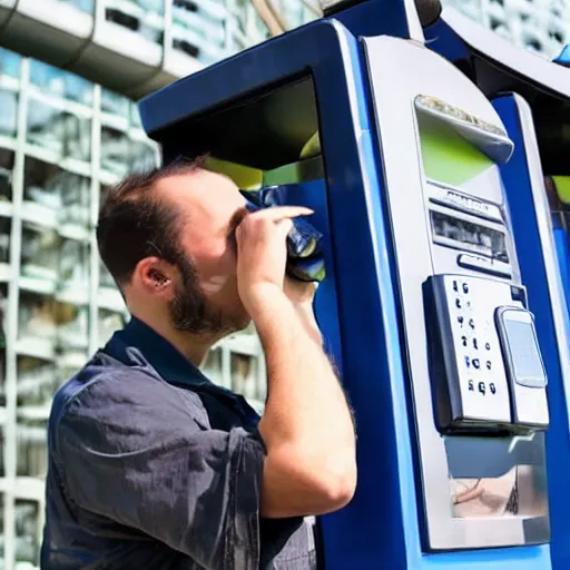 Image similar to man talking on a pay phone when a boot or foot comes through the receiver of the phone handset and kicks him in the ear