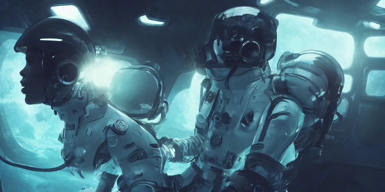 Image similar to Zoe Kravitz with short hair as a futuristic astronaut, outside large window of ship, helmet with HUD led lights, underwater in the ocean at night, dark water, volumetric lighting, glowing lights, 4k, octane, digital painting, artstation, concept art, sharp focus, illustration, high contrast, high saturation , cinematic film still, art by artgerm and greg rutkowski and alphonse mucha , wide angle view,