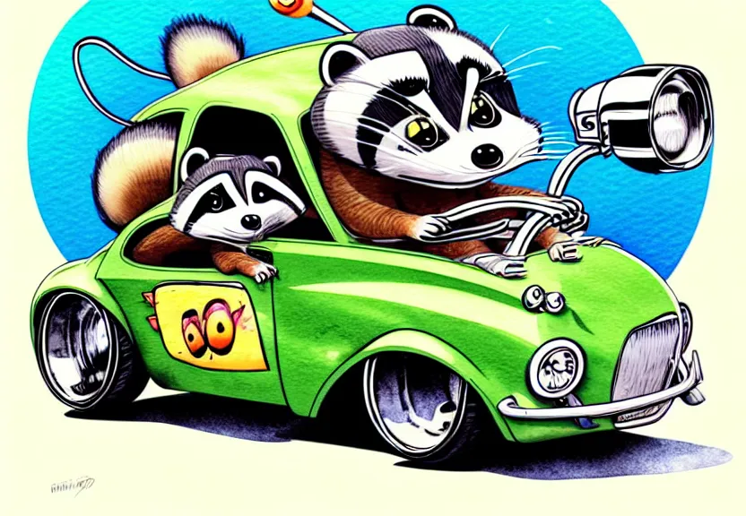 Prompt: cute and funny, racoon riding in a tiny hot rod coupe with oversized engine, chrome exhaust pipes with smoke or flames coming out of the tips, ratfink style by ed roth, centered award winning watercolor pen illustration, isometric illustration by chihiro iwasaki, edited by range murata