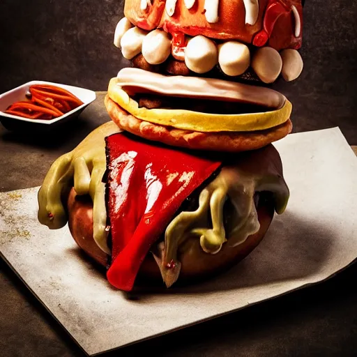 Image similar to a humanoid bipedal upright zombie that strongly resembles a hamburger, professional food photography