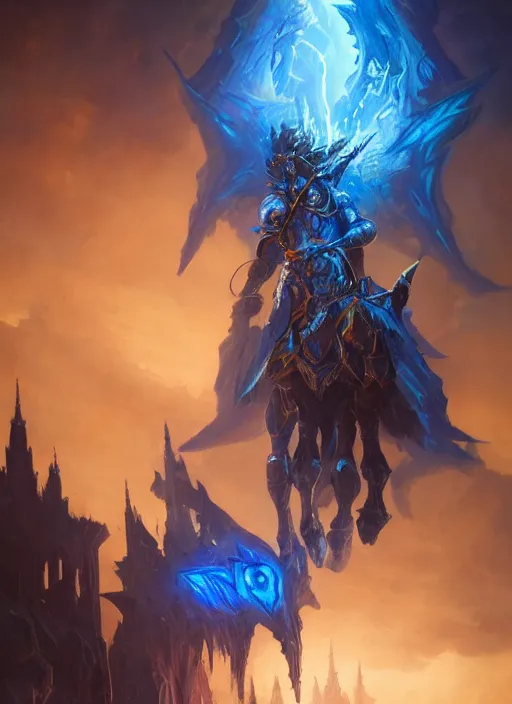 Image similar to kaladin stormblessed in shardplate. a knight in amazing fantasy armor that glows, bursting with blue light, sleek, lightweight but imposing, light glowing from the decorations and inscriptions. intricate and ornate. concept art from artstation. beautiful highly detailed fantasy painting by greg rutkowski