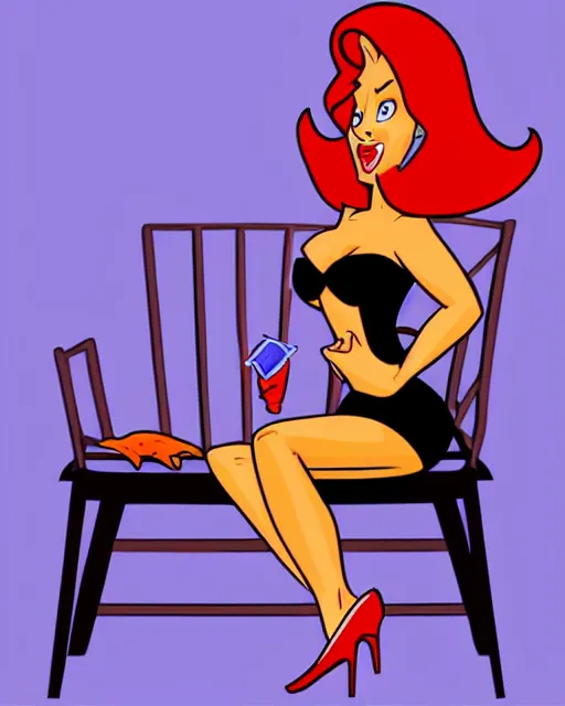 Image similar to Jessica Rabbit eating a bag of Doritos, sitting on a chair, Who Framed Roger Rabbit 2D animation still