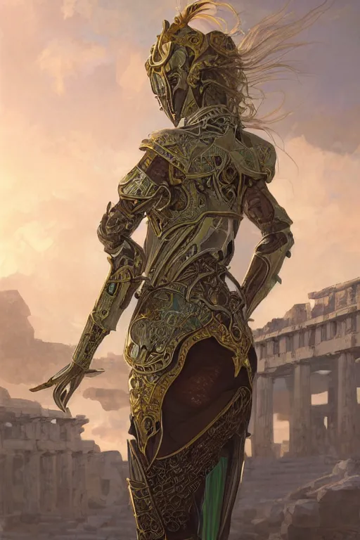 Image similar to portrait knights of Zodiac girl, metalic green and white reflected armor, in ruined Agora of Athens sunrise, ssci-fi, fantasy, intricate, very very beautiful, elegant, golden light, highly detailed, digital painting, artstation, concept art, smooth, sharp focus, illustration, art by tian zi and WLOP and alphonse mucha