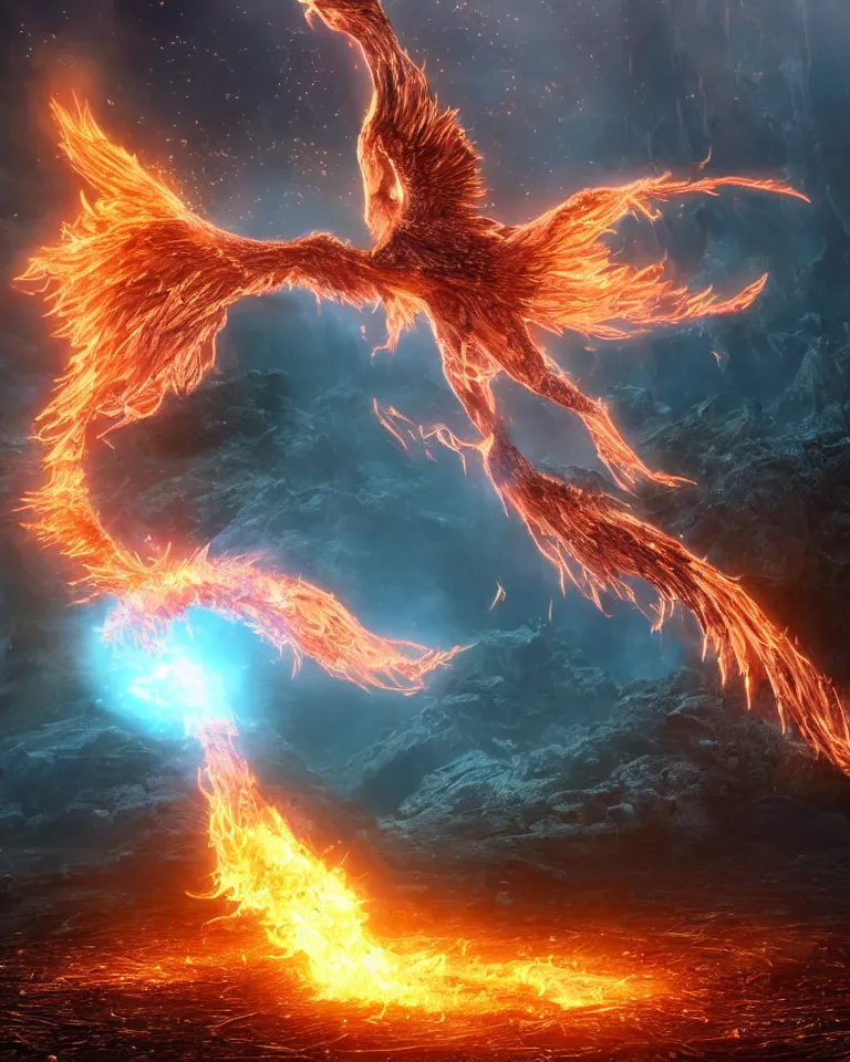 Prompt: a photoreaslistic render of a single burning steel ethereal phoenix rising out of the ground, ethereal lighting, pixie dust magic, brilliant glow, cinematic, magic particles, epic scale ultrawide angle, deep vivid colors, explosive energy, like elder scrolls and elden ring and lord of the rings, bursting with debris and pebbles and dust clouds and ash