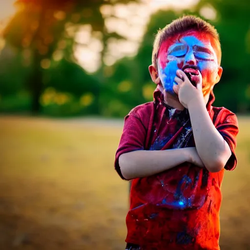 Image similar to 100mm bokeh realistic outdoors photo of a child with various vivid colors of pain smeared on their face, eyes closed, sunset behind them, HDR cinematic lens