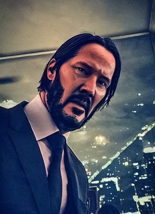 Image similar to candid john wick selfie. snapchat, instagram, photography, filters